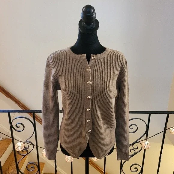 Commense Ribbed Knit Cardigan Gold Button Down Neutral Minimalist Sweater Size S - Picture 3 of 10